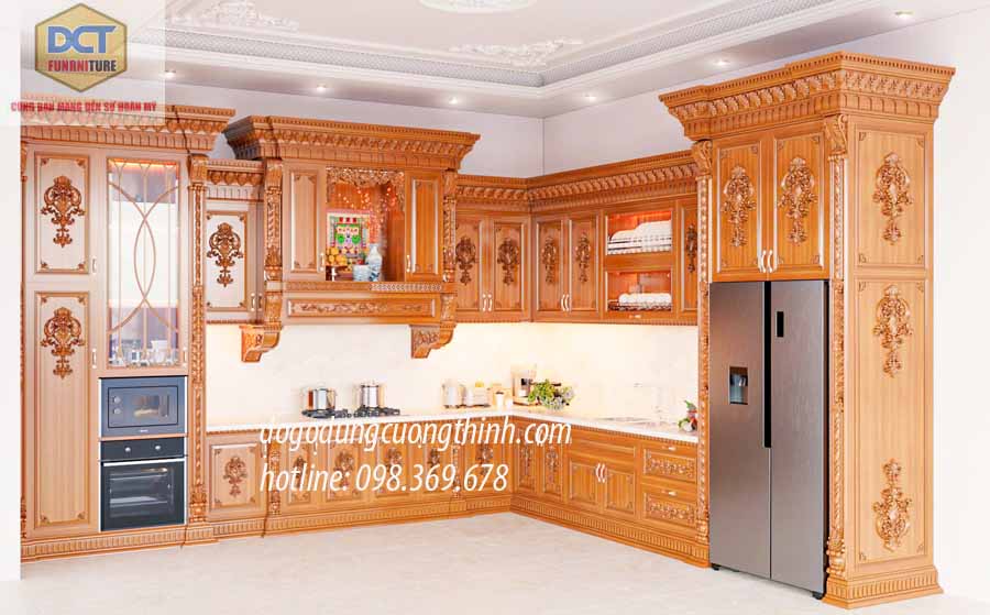 Mẫu tủ bếp tân cổ điển gỗ gõ đỏ cao kịch trần TB50GD